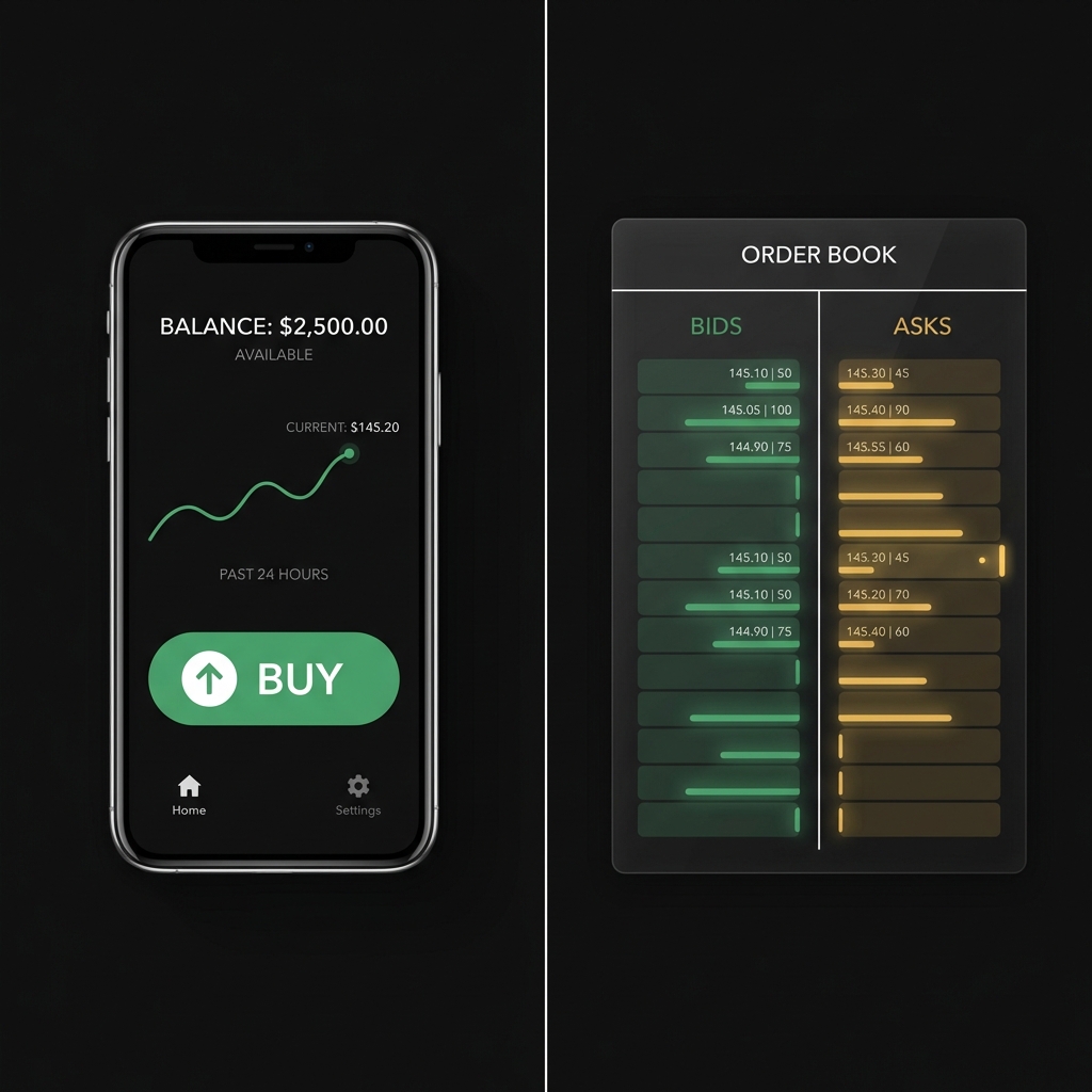 Full frame split image of a beginner friendly phone trading app and simplified order book showing the best place to buy cryptocurrency in Finance Police colors