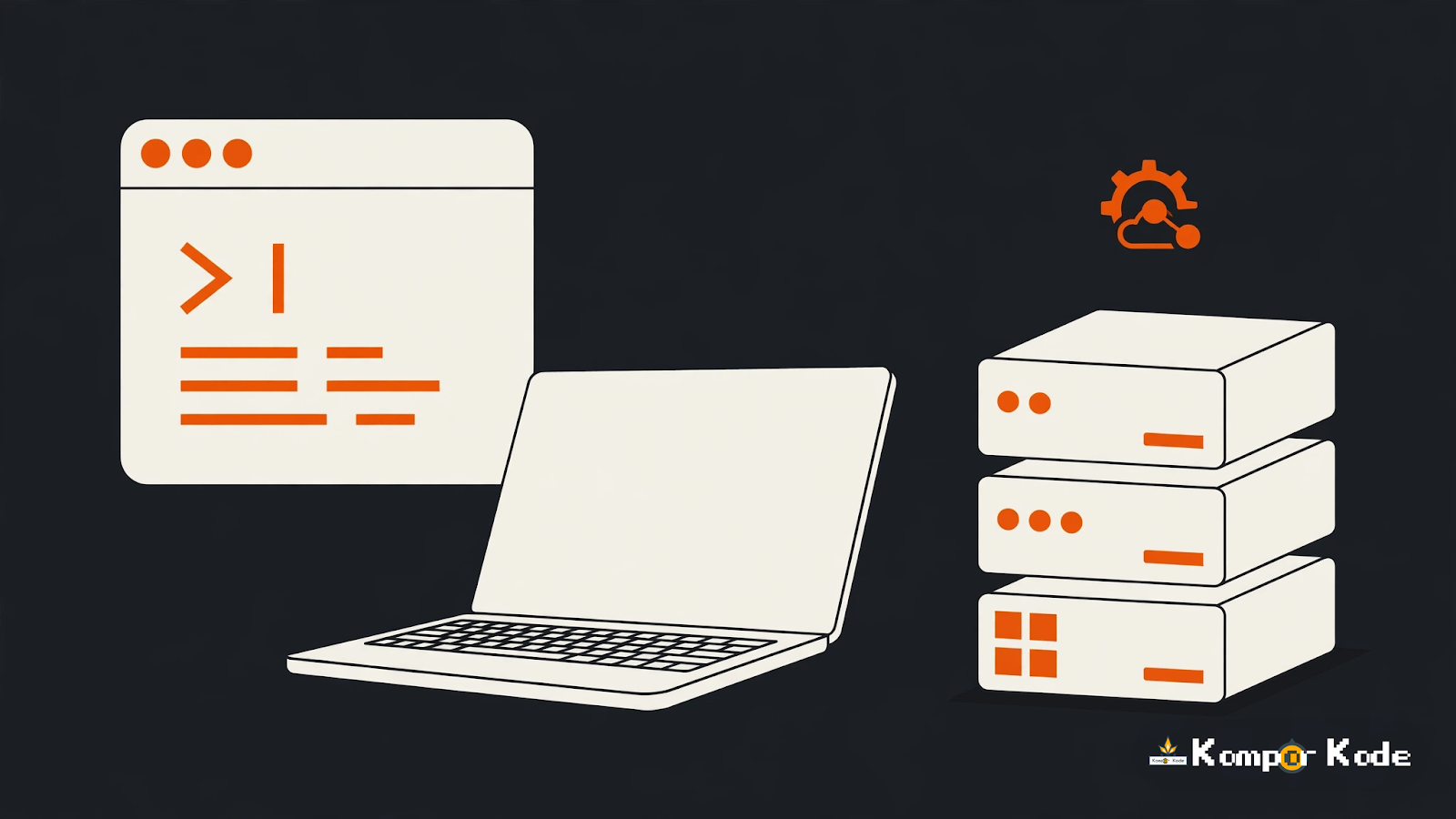 Ilustrasi flat vector jendela terminal di samping ikon tumpukan server