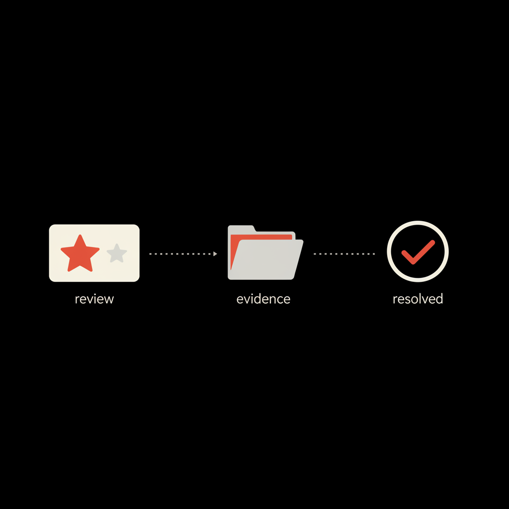 Minimal infographic on black background showing a magnified one-star review card, an evidence folder icon, and a checkmark illustrating how to remove Google review
