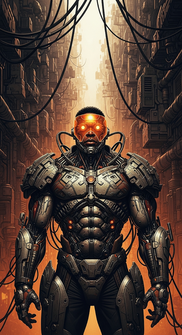 Gritty Cyberpunk Illustrated Portrait of a Bionic Man with Visor and Complex Augmentations