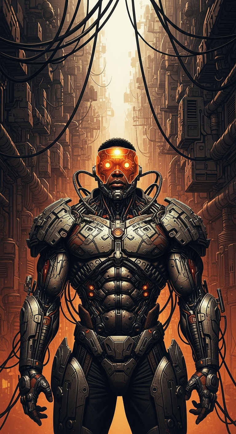 Gritty Cyberpunk Illustrated Portrait of a Bionic Man with Visor and Complex Augmentations - Free 4K mobile Wallpaper