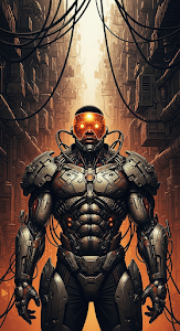 Gritty Cyberpunk Illustrated Portrait of a Bionic Man with Visor and Complex Augmentations