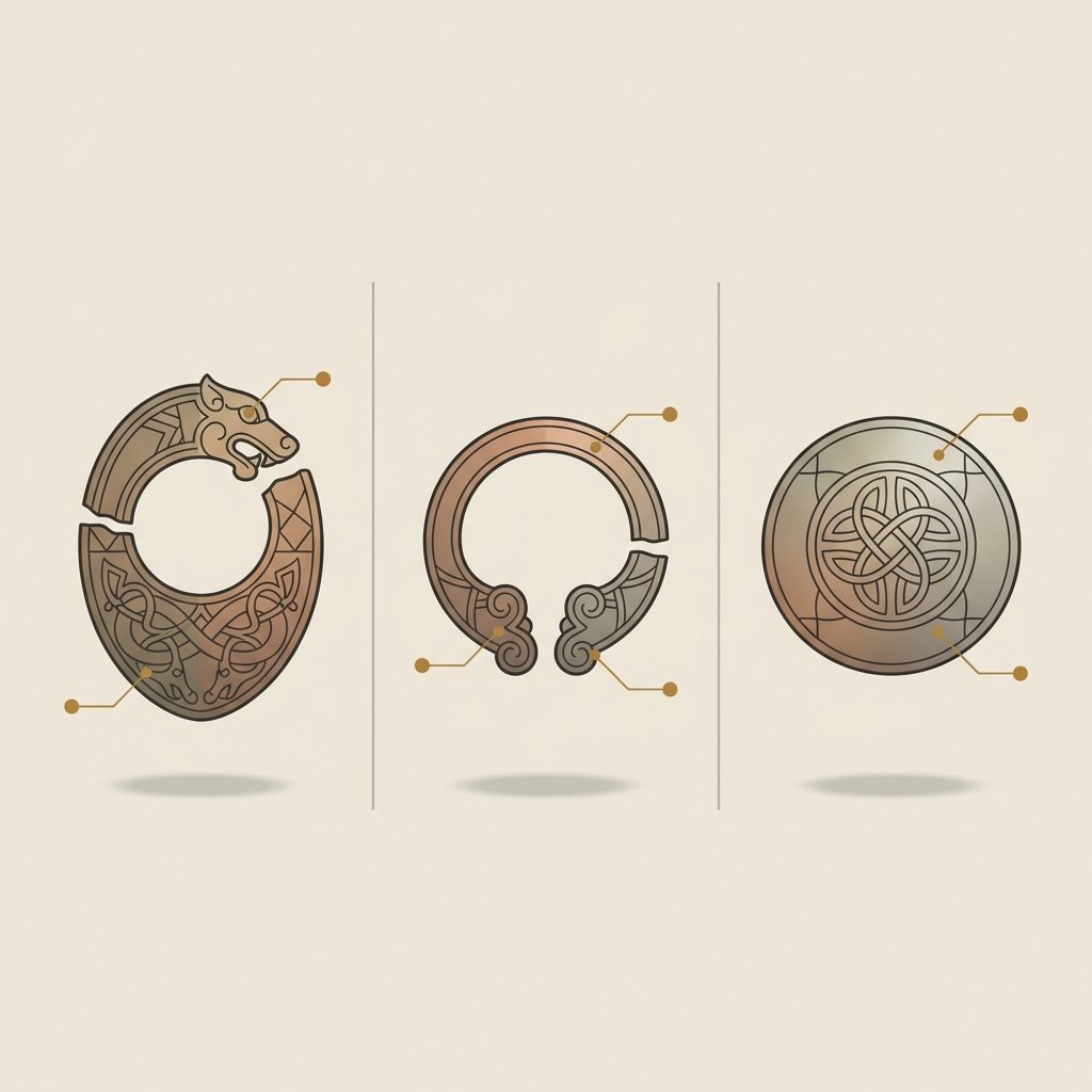 Minimalist 2D vector catalogue comparison of three Viking brooch fragments side by side with accent callouts indicating typology features ancient viking wedding rings
