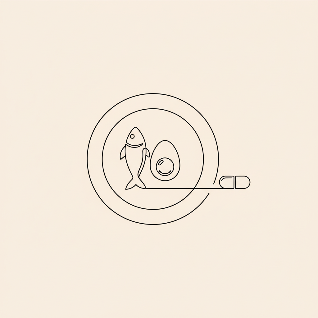 Minimal Tonum-style line illustration of a plate with fish, egg and capsule on beige background symbolizing nutrition to lose stomach fat female