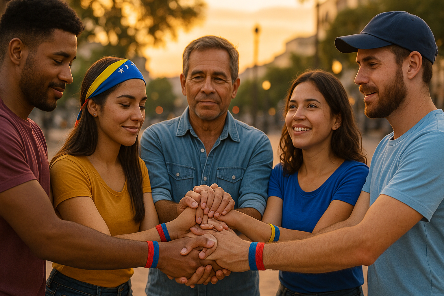 Venezolanos en el exterior compartiendo y estrechando manos en un encuentro comunitario