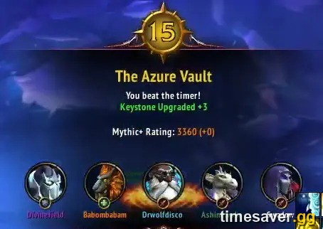 Mythic+ end-of-dungeon keystone scoreboard showing a timed run and Mythic+ rating