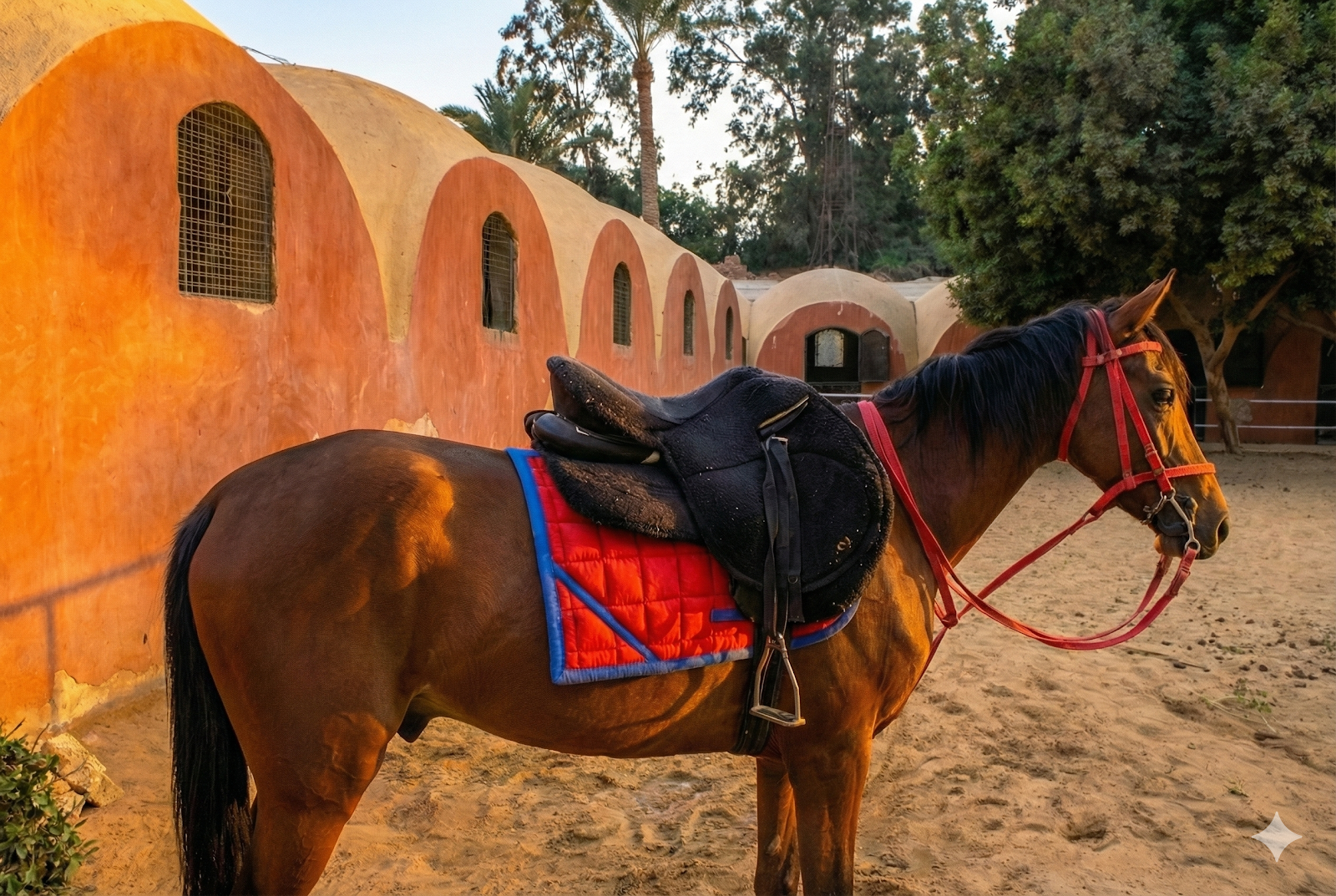Kajo - Horse available for riding at Kheyool El Shewkhy in Saqqara, Egypt. Behold this classic bay charger, defined by his warm brown coat and flowing blac