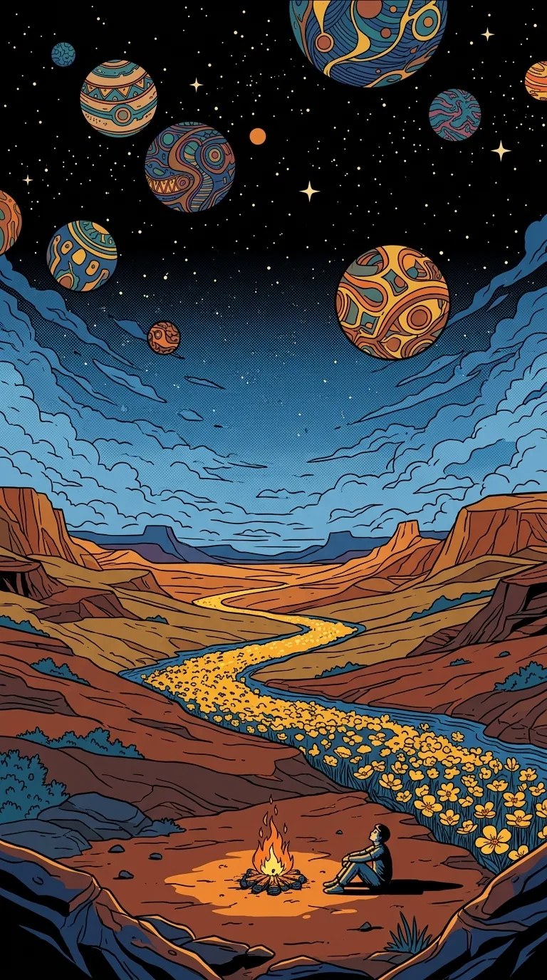 Cosmic Canyon Campfire Illustration - Free 4K mobile Wallpaper