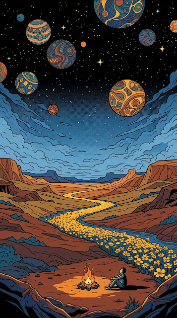 Cosmic Canyon Campfire Illustration - Free mobile Wallpaper