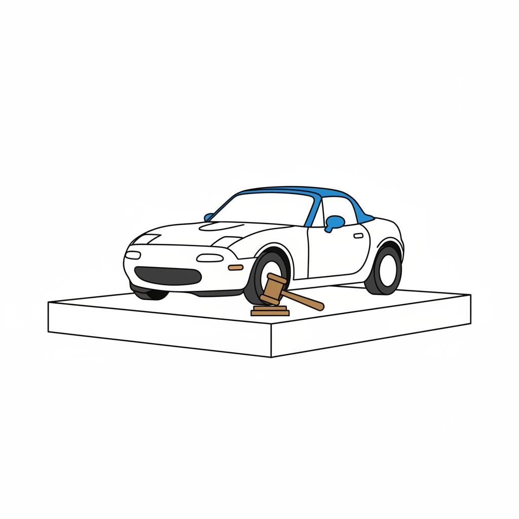 Minimal 2D vector of a Mazda Miata on an auction block with an auction gavel on white background with blue 3666ed accents and dark 010205 outlines mazda miata for sale