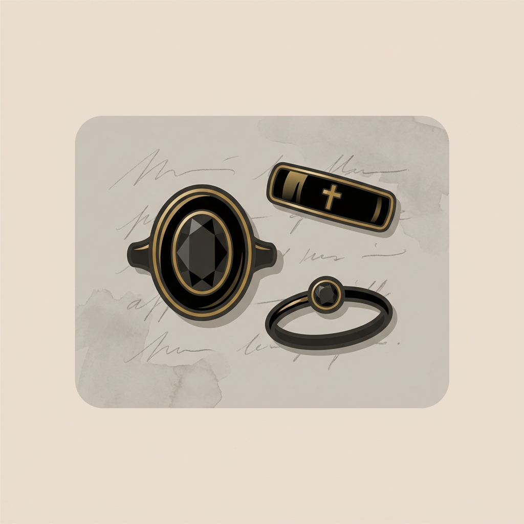 Minimal 2D vector of black enamel and cut jet mourning rings on archival paper with illegible provenance marks featuring an antique widows ring