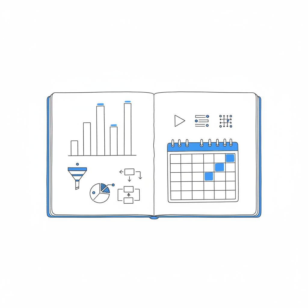 Minimalist 2D vector open notebook with bar charts showing RPM lifts, a seasonal calendar and simple icons for video and threads &mdash; how much does X pay per impression
