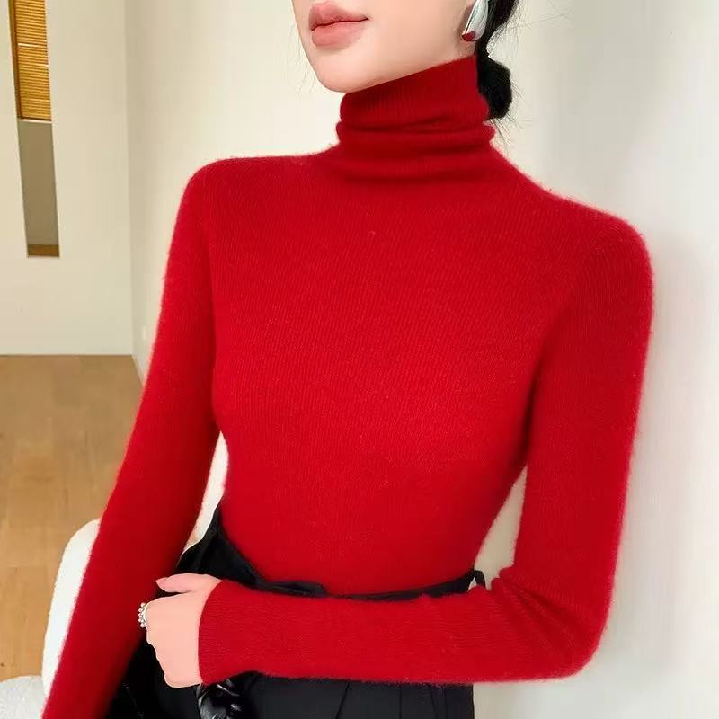 Women's wool knit sweater, stand-up collar, fitted