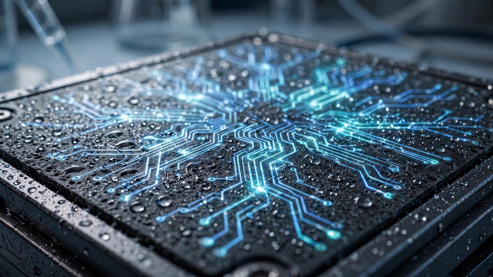 Close-up of a moisture-electric generator panel with water droplets converting humidity into electricity