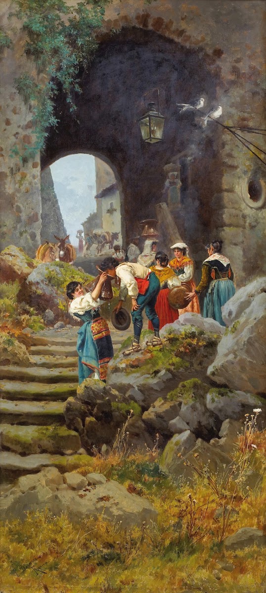 Personnages à lentrée dun village en Italie