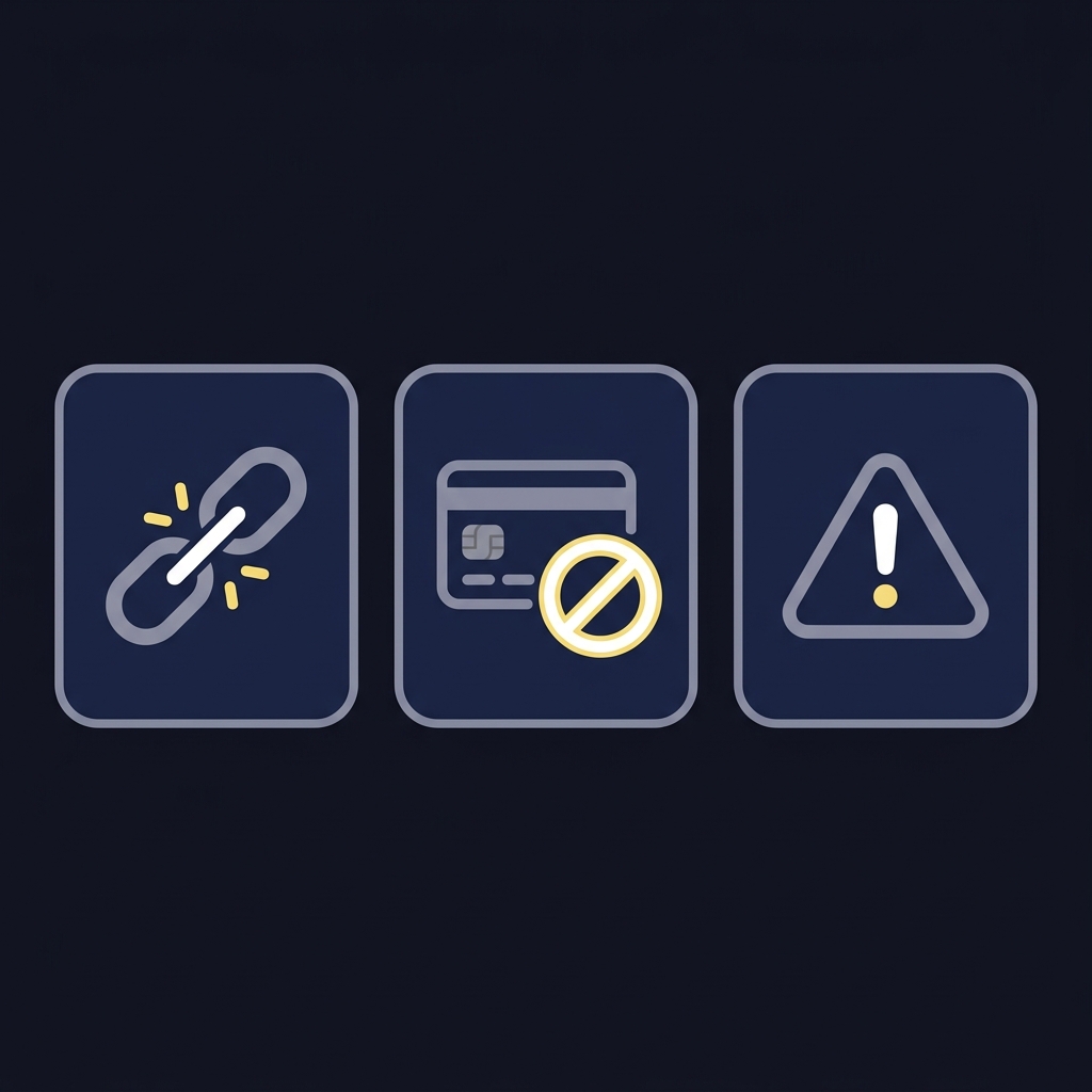 Minimalist vector illustration of common red flags for an asian sportsbook showing a broken link icon a credit card with a ban symbol and a warning triangle on a dark Funded Plays styled background