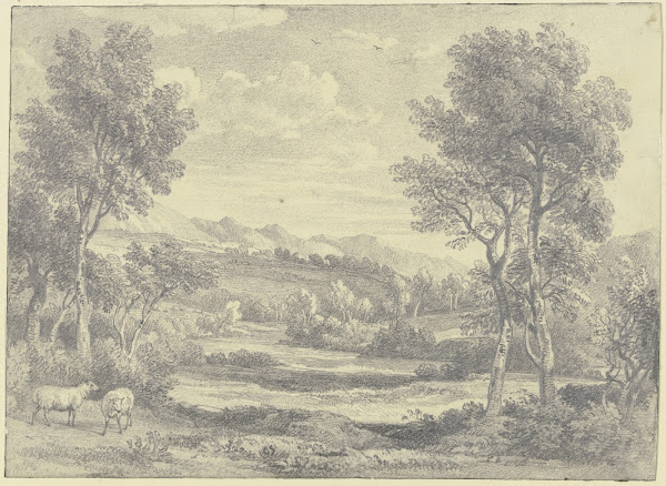 Baumreiche Landschaft mit zwei Schafen im Vordergrund