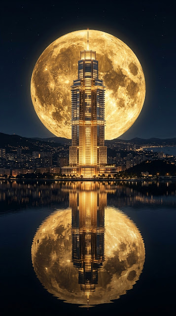 Dramatic Golden City Skyscraper and Giant Eclipse Moon Reflection - Free mobile Wallpaper