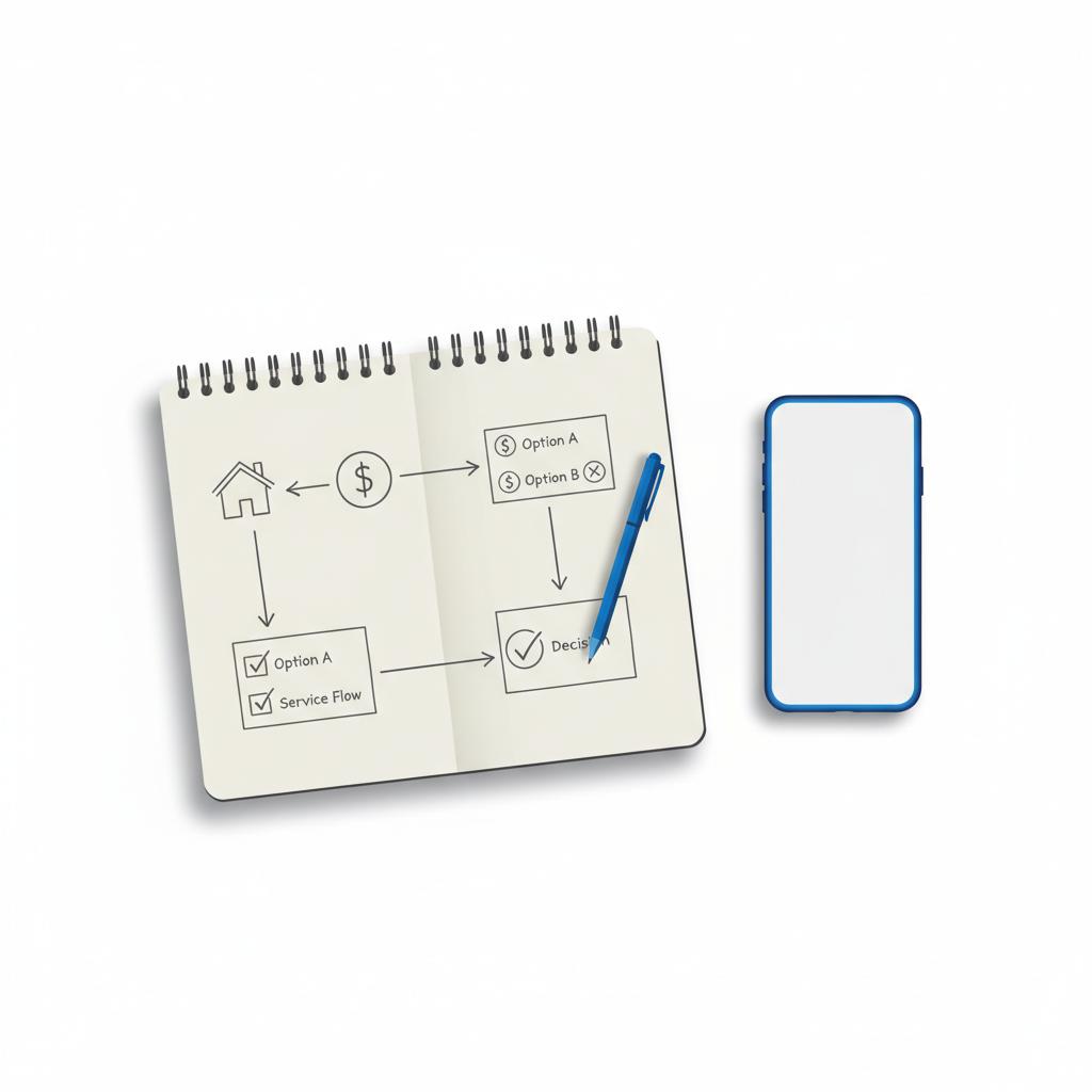 Does HomeAdvisor charge a fee &mdash; top-down vector of a notebook and smartphone with sketched fee-comparison icons and a blue-accent pen on white background