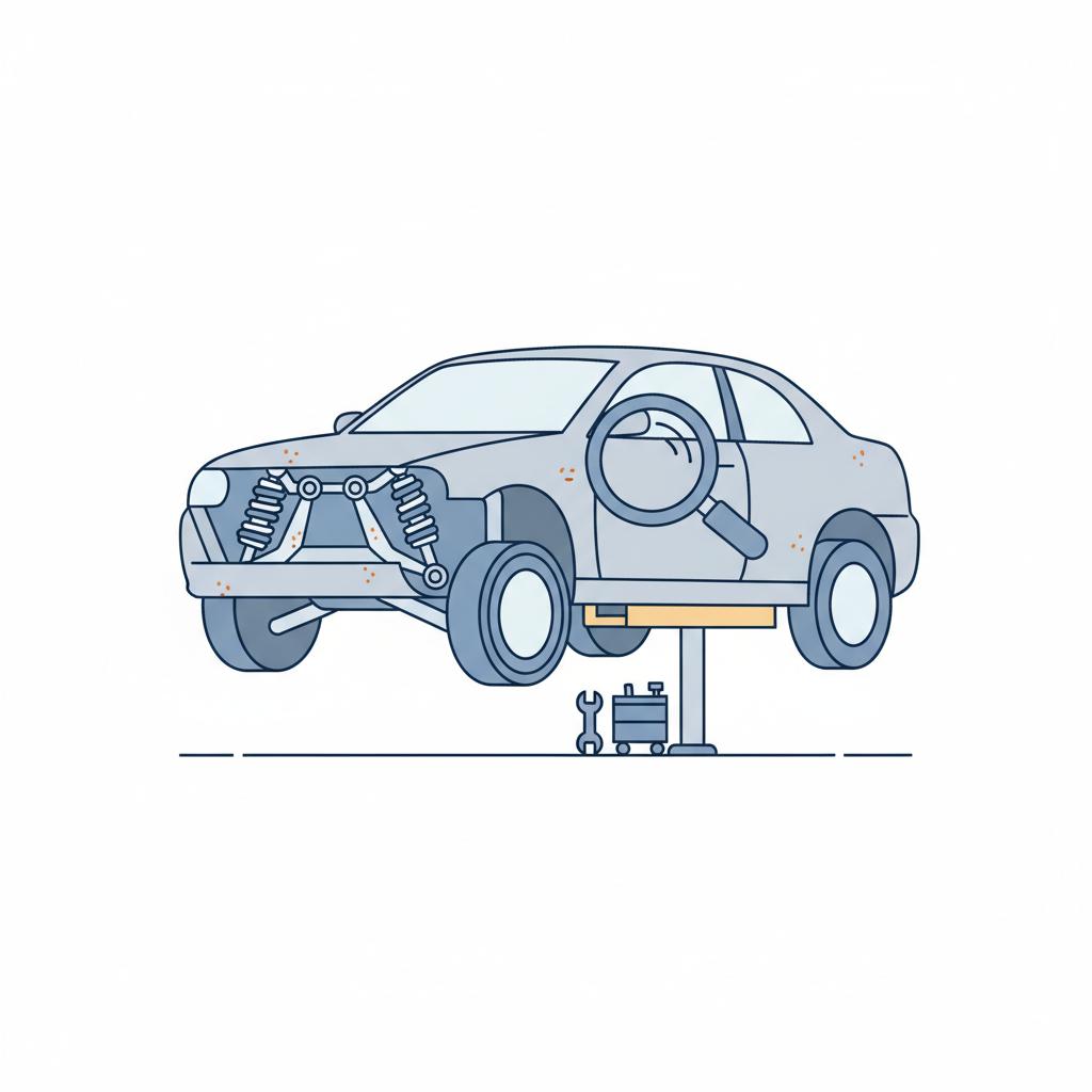 Minimalist vector of a used car on a lift with underbody suspension highlighted and rust check focus cars for under 5000