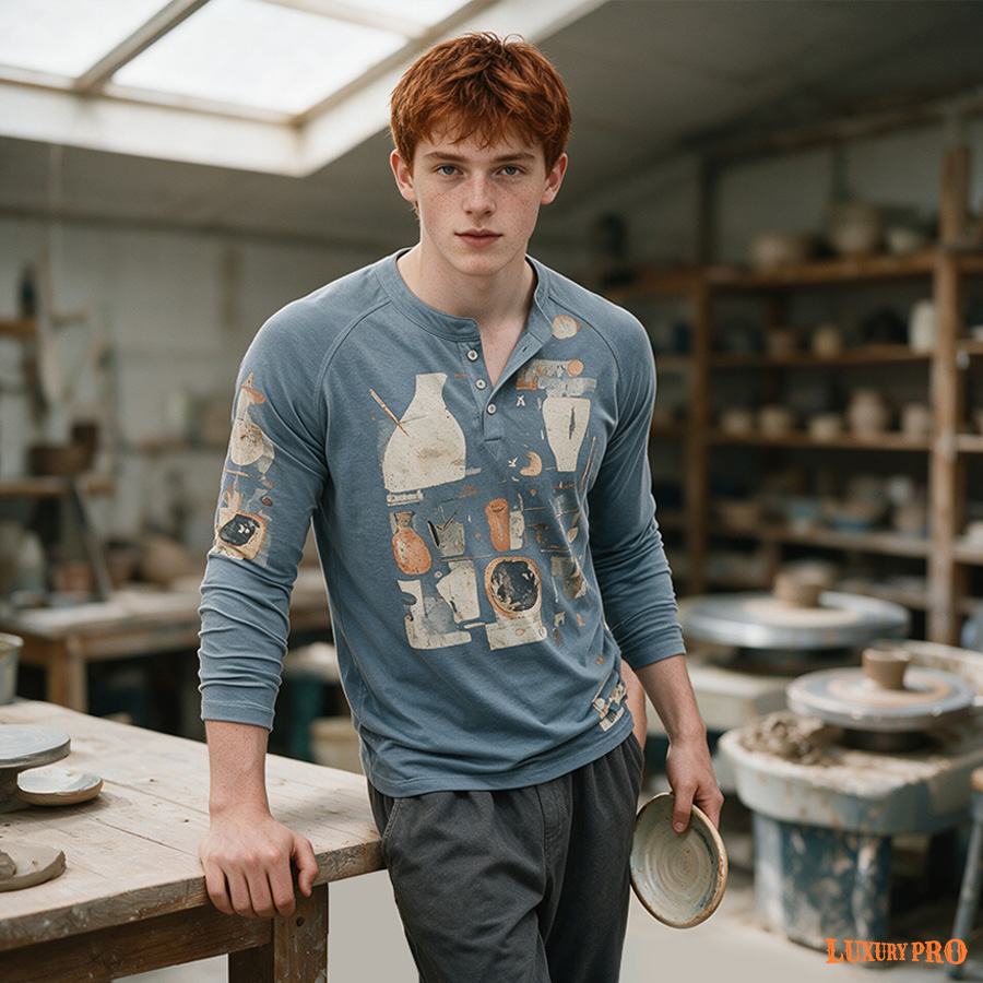 2D Henley Neck Long Sleeve T-shirt