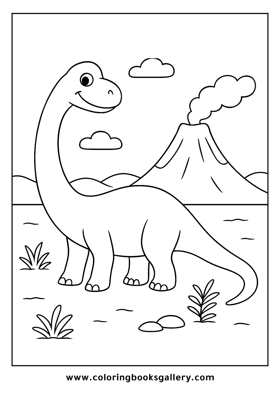 Easy Brachiosaurus With Volcano Coloring Page For Toddlers – free coloring page for kids