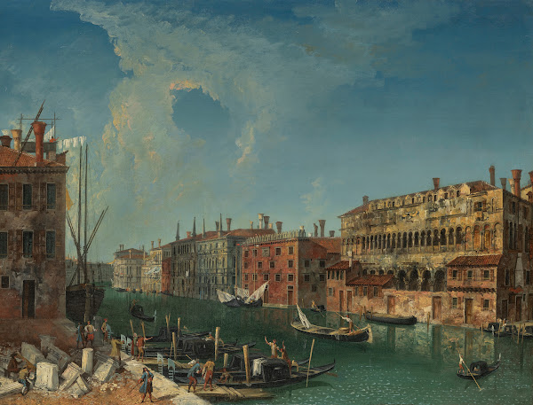 Venice a stonemasons yard on the Grand Canal with a view of the Palazzo Ca Tron