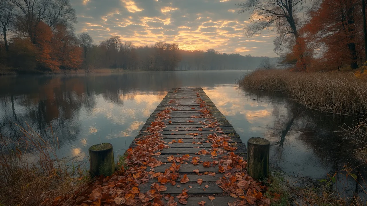 Ai Art, Jetty, Fall, Leaves, Lake 5K Desktop Wallpaper