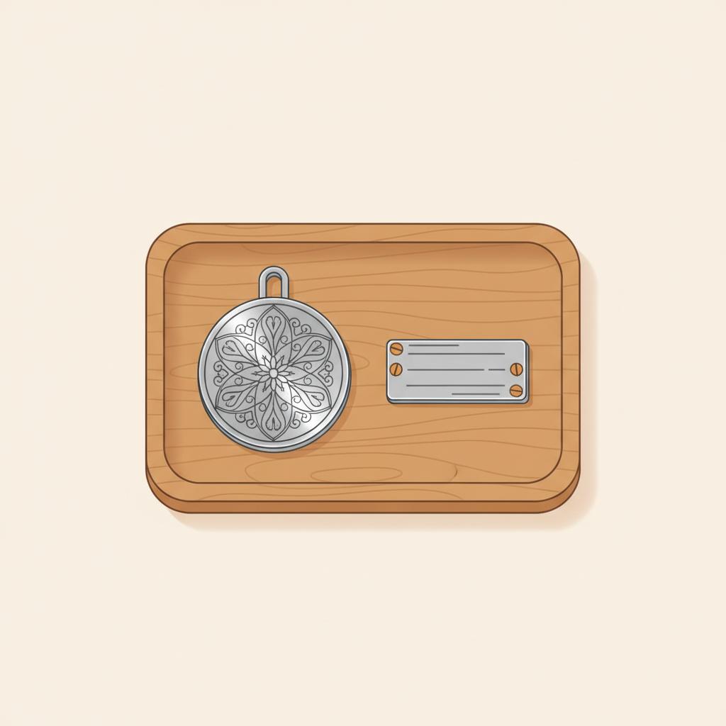 Minimalistische Vektor-Detailaufnahme eines gravierten Metallanhängers und einer kleinen Plakette auf Holztablett in Steelmonks-Farben, firmenjubiläum
