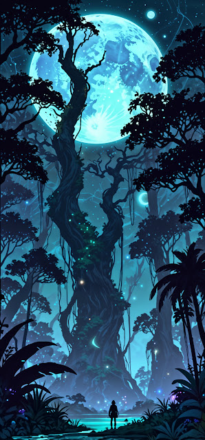 Ethereal Jungle Silhouettes under a Neon Blue Full Moon - Free mobile Wallpaper