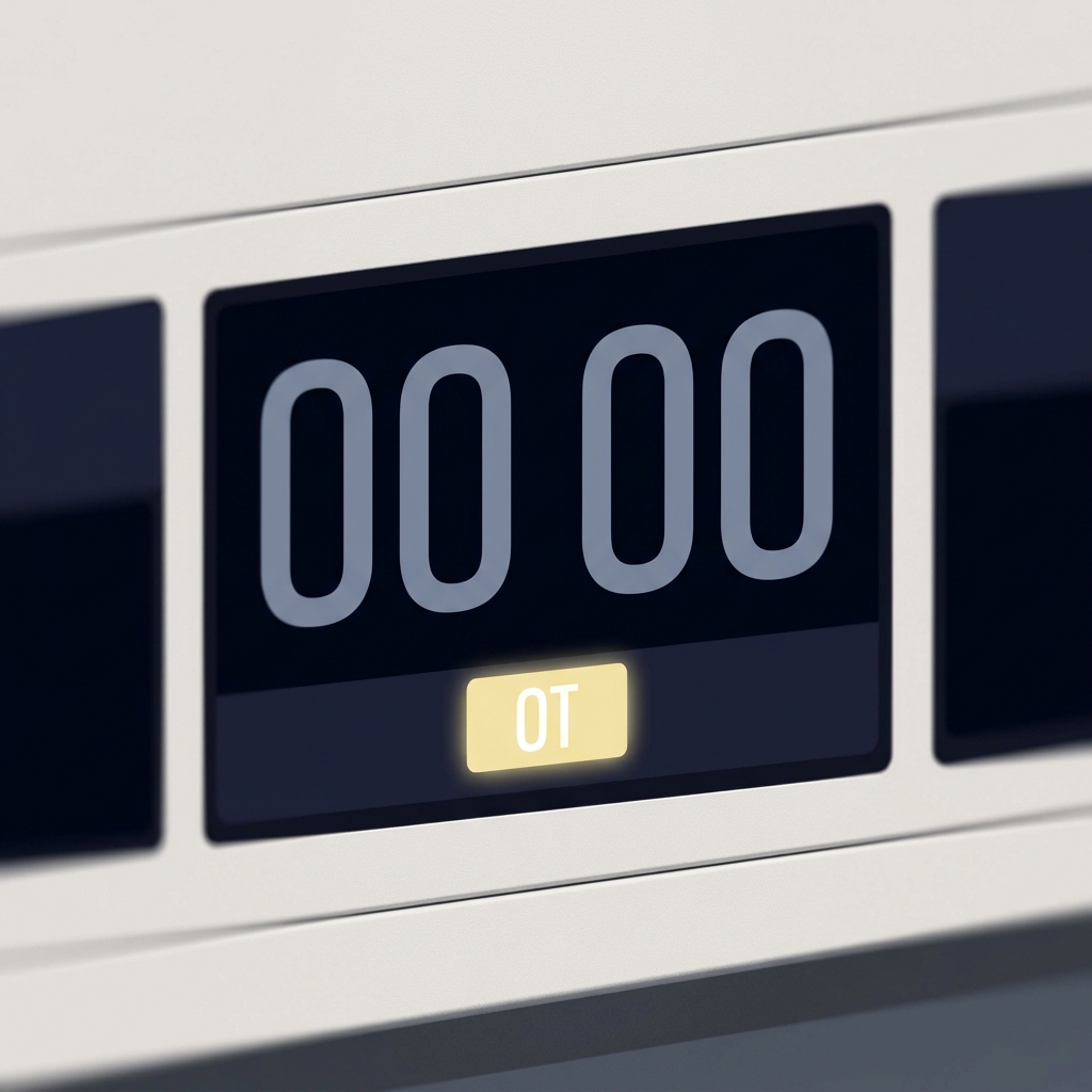 How Overtime Rules Affect Moneyline Pricing close up of a sports scoreboard showing final regulation time 00 00 with an illuminated overtime indicator in a minimalist Funded Plays color palette