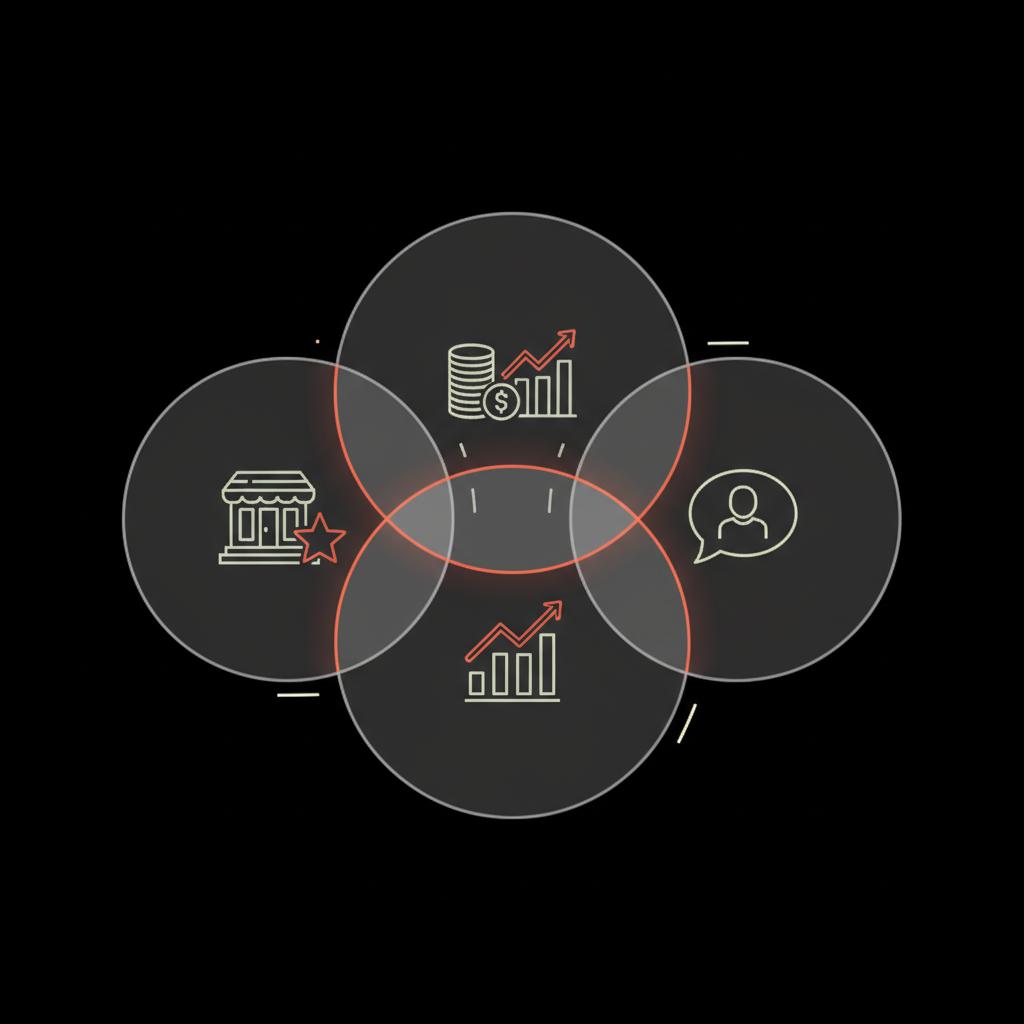 Minimal Venn diagram on black background with three vector icons for Glassdoor, compensation database, and anonymous forums — best sites like Glassdoor