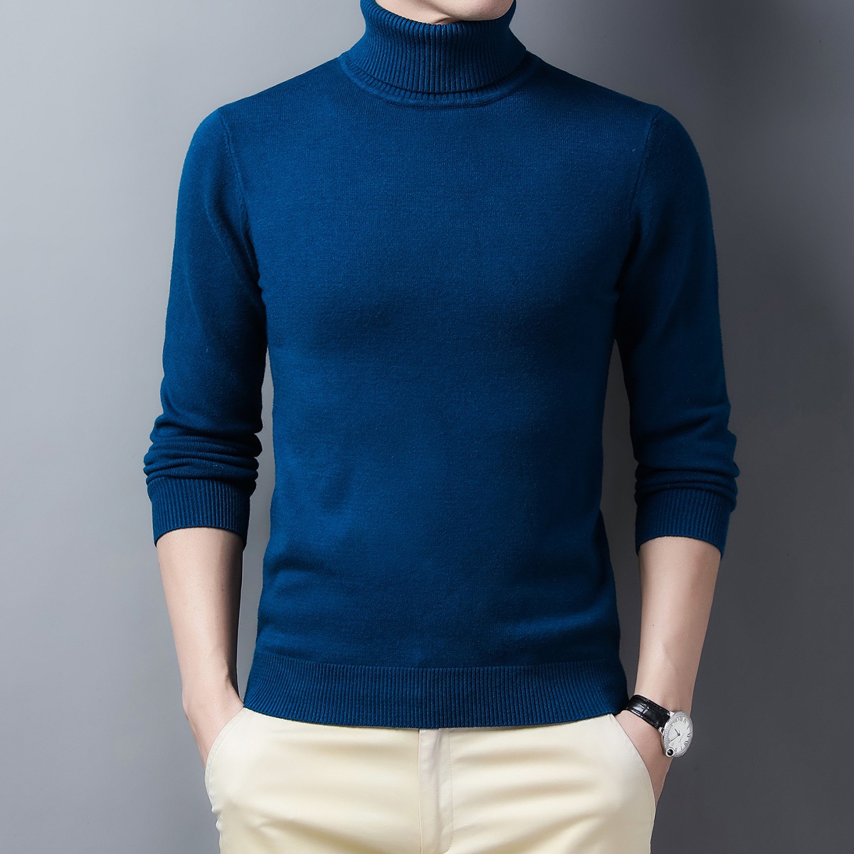 Men's cashmere sweater, half-high collar, warm