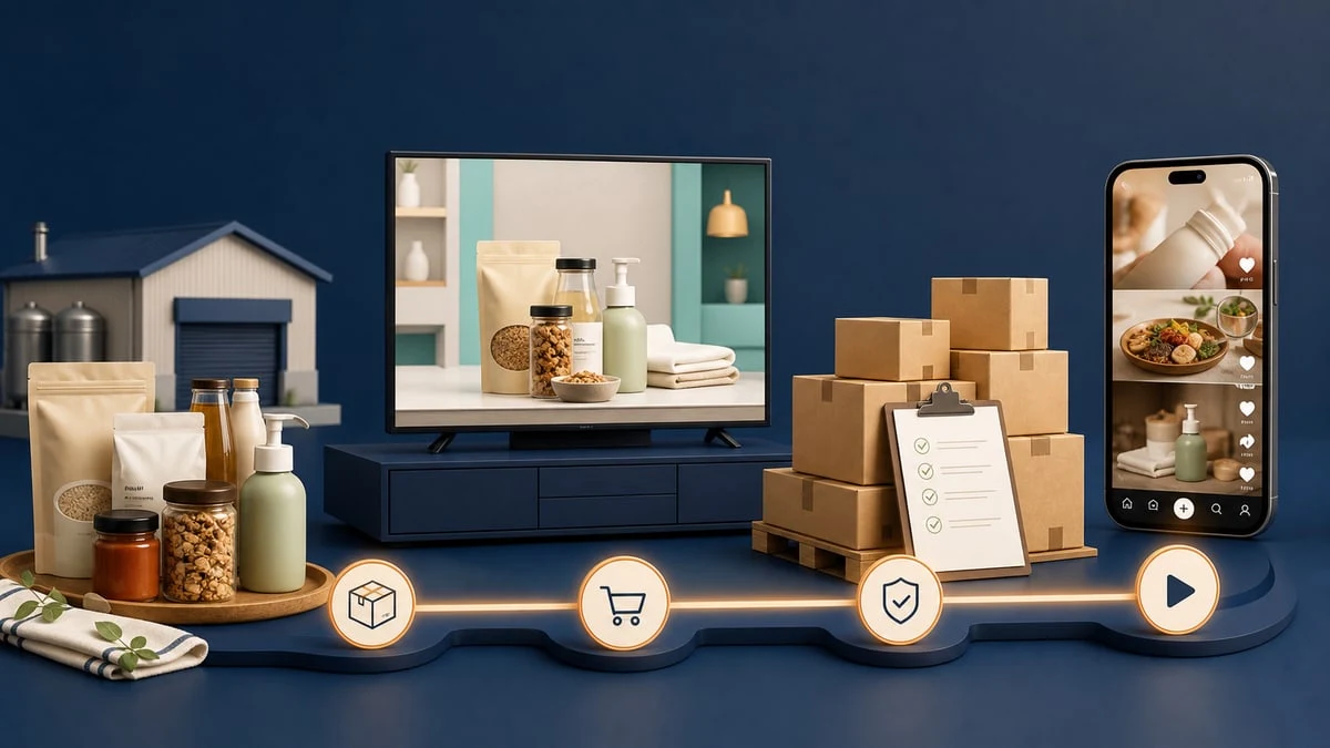 Small Korean consumer-brand products moving through home-shopping, inventory quality checks, and creator marketing