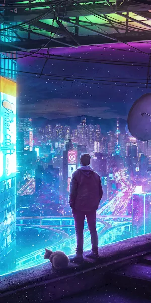 Cyberpunk, Cityscape, Neon, Rooftop 4K iPhone Wallpaper Background