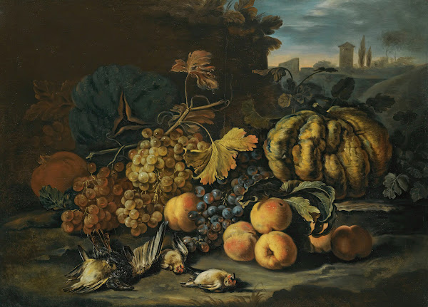 A Still Life With Melons Apples Black And Green Grapes A Pomegranate And Birds O