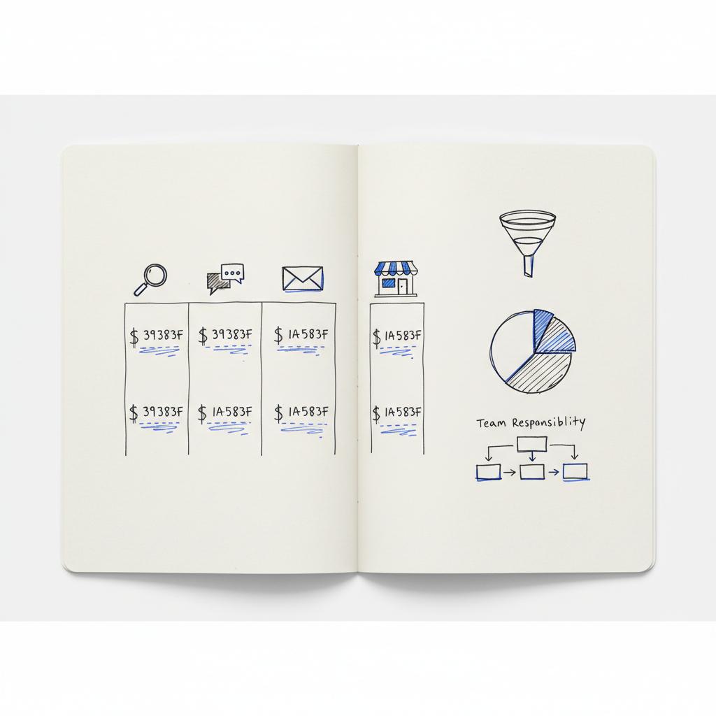 Notebook-style budget grid sketch showing channel cost estimates with hand-drawn icons for Search, Social, Email and Local, dollar estimates and accents &mdash; How much does it cost to advertise a small business?