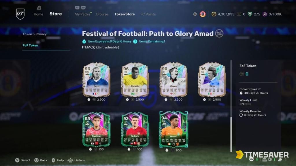 EA FC 26 Festival of Football Token Store showing the weekly Token limit of 1,000 and the weekly reset timer