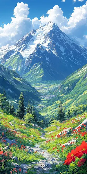 Mountain Landscape, Alpine Scenery, Valley View, Nature Illustration iPhone Wallpaper Background