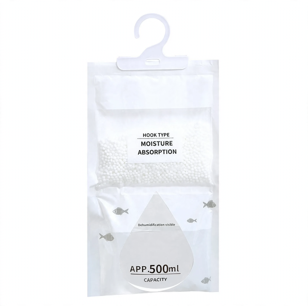Hanging dehumidifying bag for moisture regulation
