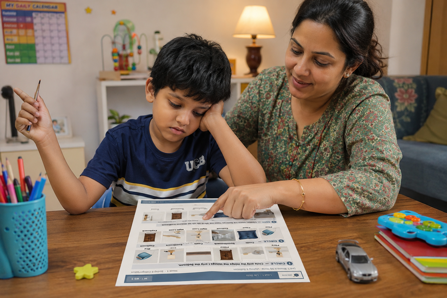 Mother supporting a child during a short printable worksheet activity at home