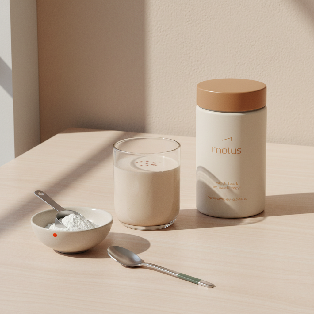 Minimalist breakfast scene with clear glass protein shake, measured powder bowl, spoon and Tonum Motus jar on light wood surface for protein shake for weight loss