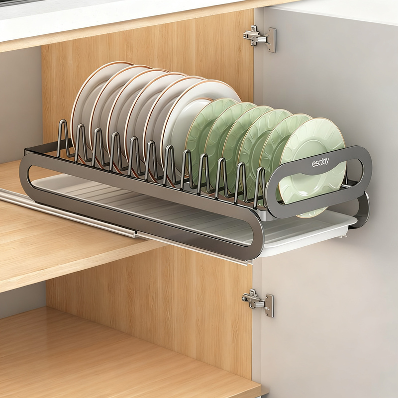Pull-out dish rack for kitchen cabinets
