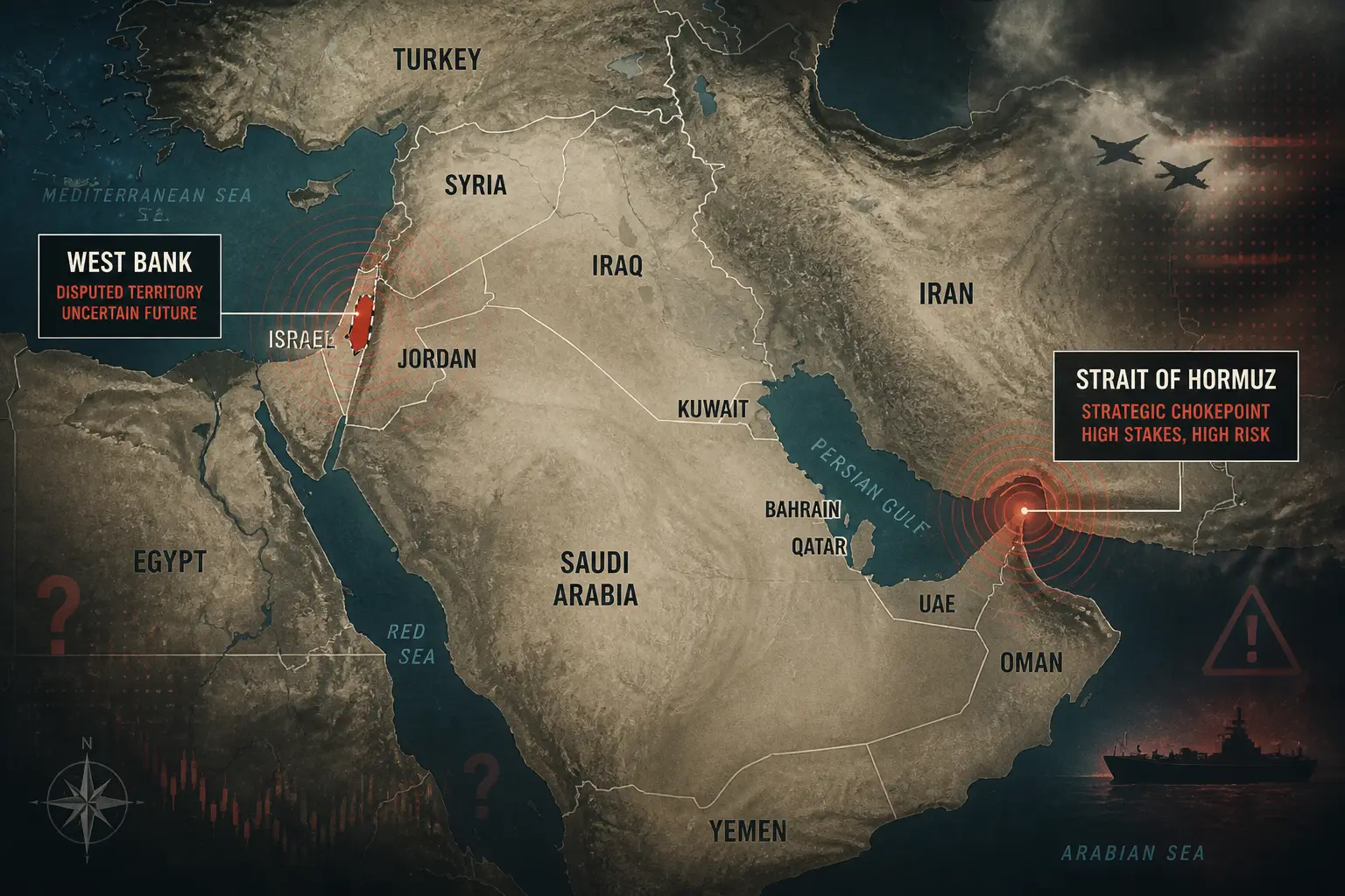 Editorial illustration for Middle East Tensions Rise Over West Bank and Hormuz