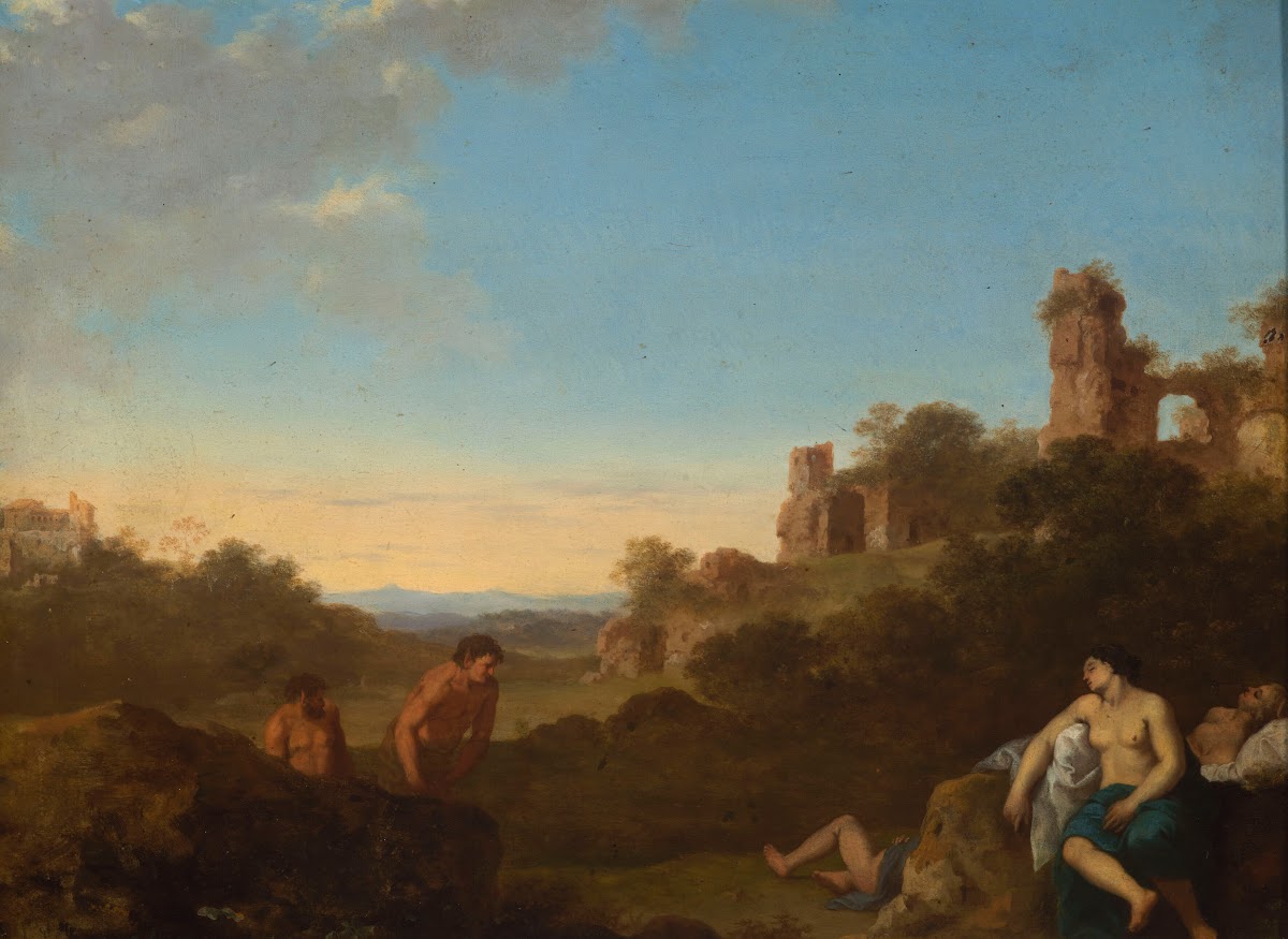 Satyrs and sleeping nymphs against Italian landscape 1620 1630