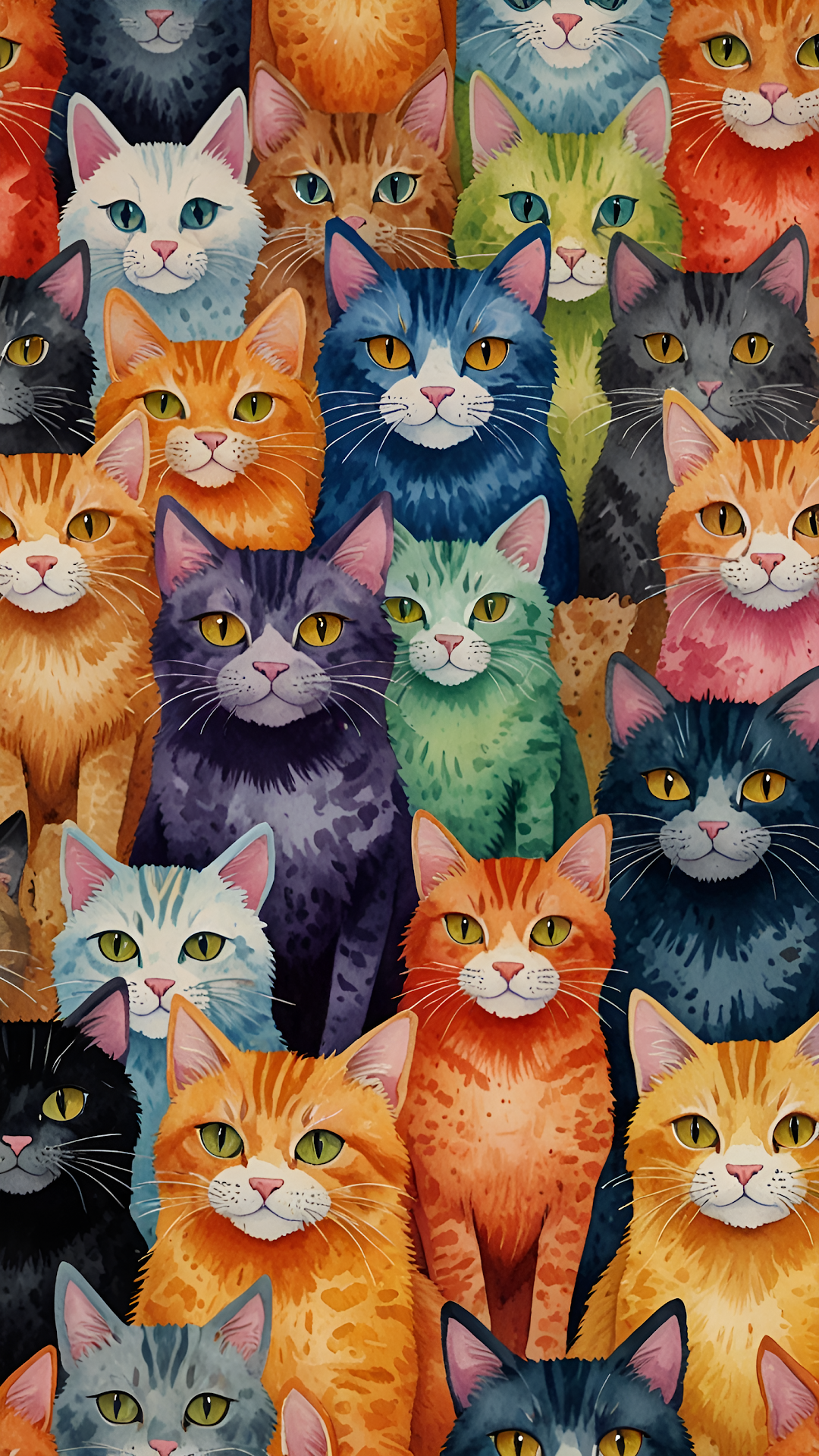 Colorful Cat Faces in Vibrant Watercolor Pattern - Free 4K mobile Wallpaper
