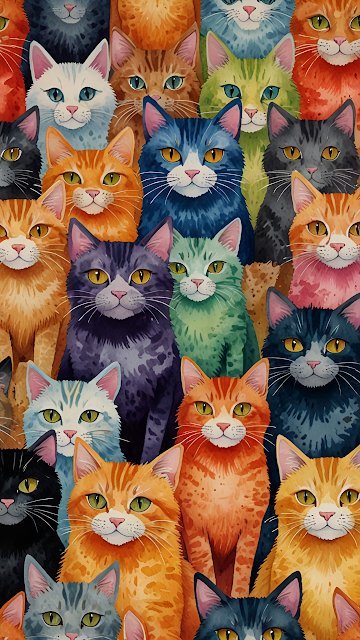 Colorful Cat Faces in Vibrant Watercolor Pattern - Free mobile Wallpaper