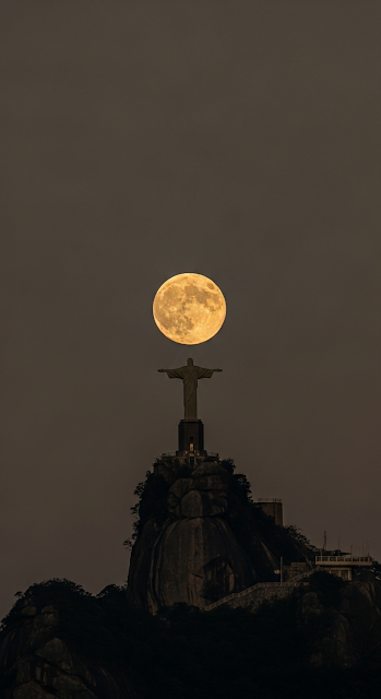 Christ Statue Holding a Giant Full Moon in a Dramatic Dusk Sky - Free mobile Wallpaper