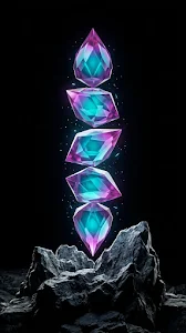 Abstract 3D Render of Glowing Blue and Purple Faceted Crystals on Dark Rocks