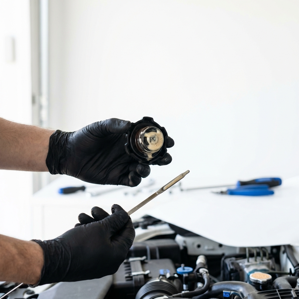 Close up of mechanic hands removing Subaru oil cap with creamy residue on cap and dipstick in neutral workshop what year of subaru to stay away from